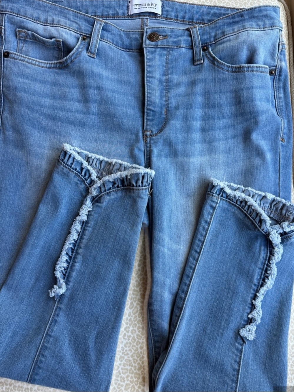 crown & ivy Light Blue Straight Leg Ankle Jeans with Frayed Hem